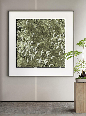 新中式砂岩画画禅意背景墙装饰画画办公室玄关抽象绿色飞鸟画画卧
