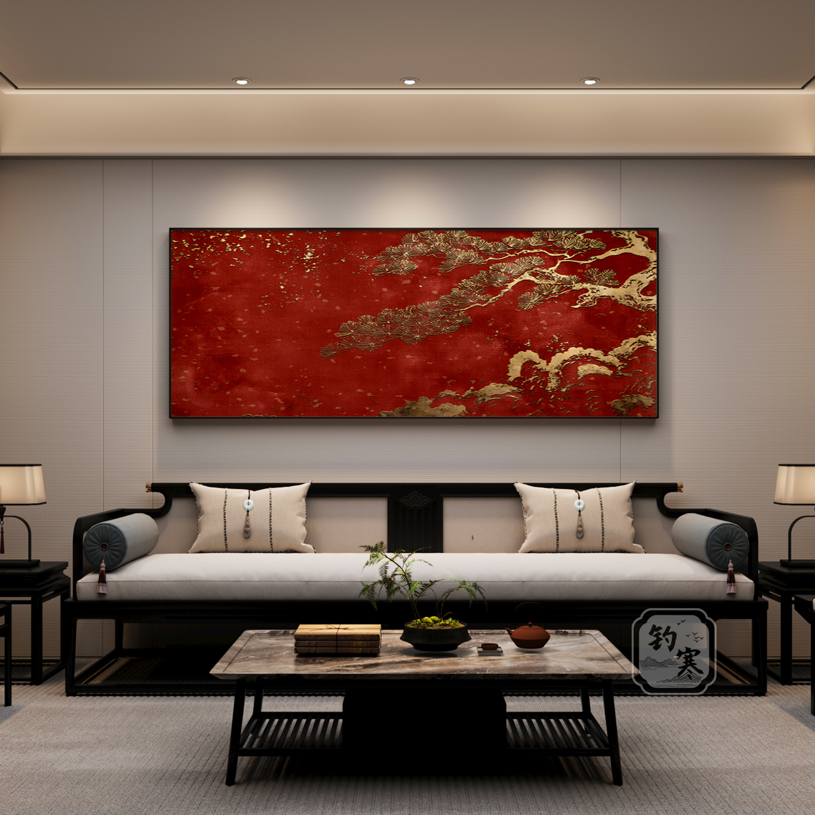 新中式办公室办公室风景装饰画红色迎客松茶室背景墙横版长条挂画