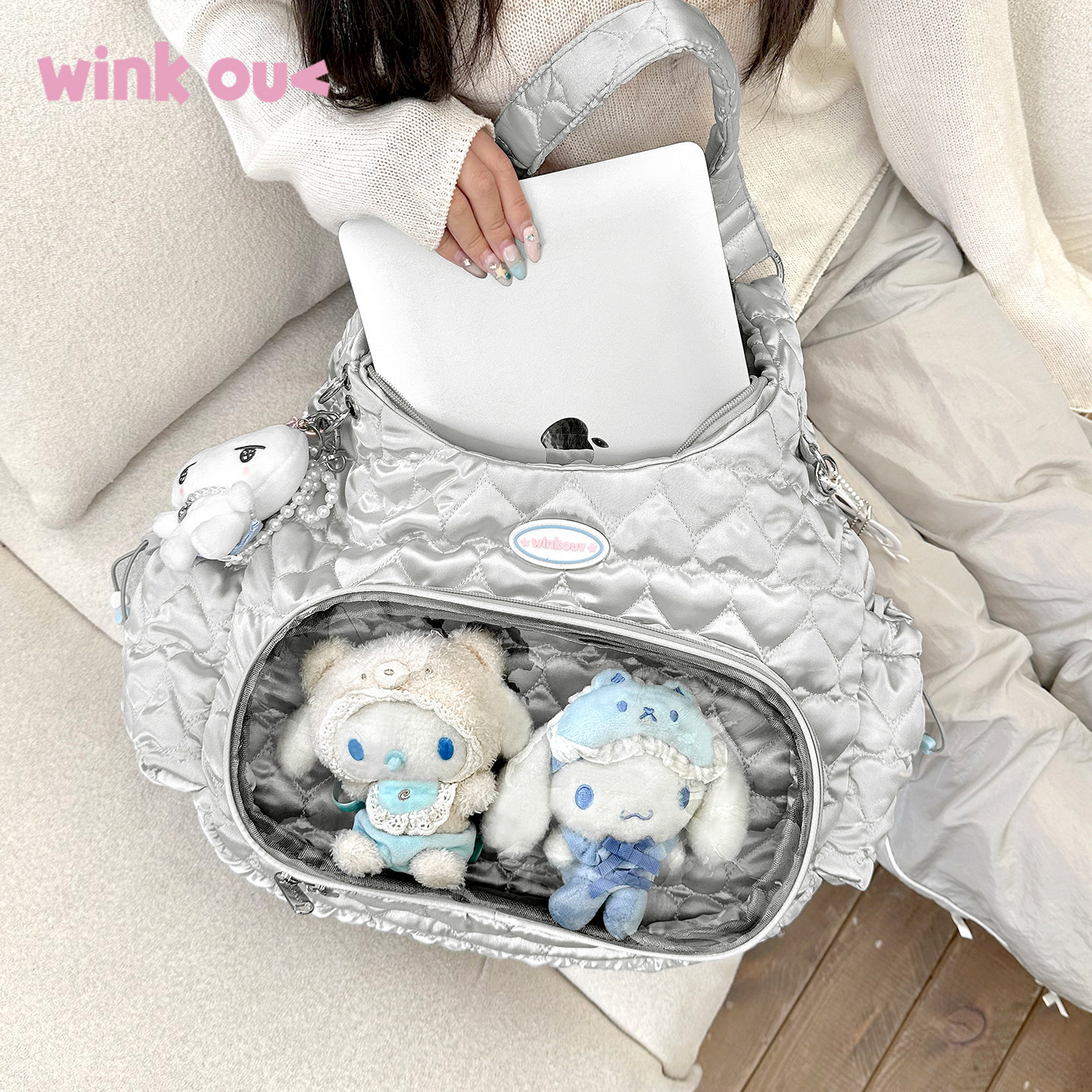 银色小食量双人娃包日常斜挎痛包