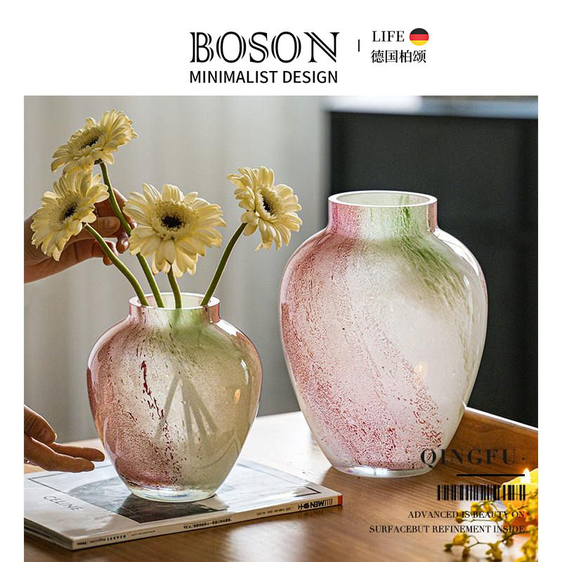 BOSON·Qingfu·花瓶玻璃中古风轻奢高级摆件客厅插花装饰 | 青缶