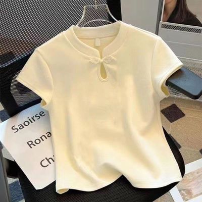 纯色国风t恤女夏季2025新款修身显瘦新中式小飞袖白色旗袍式上衣