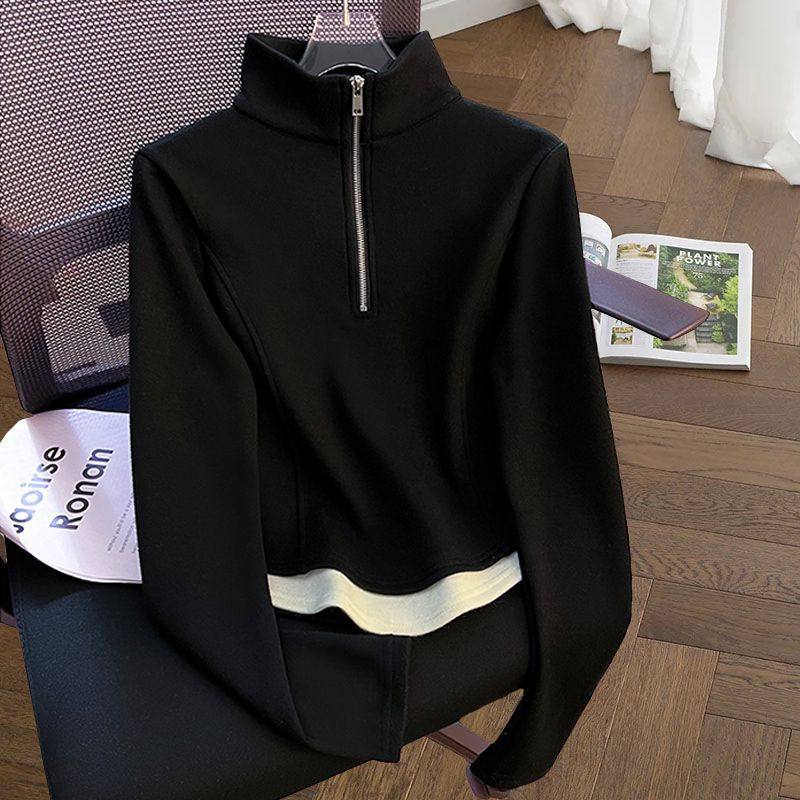 黑色秋冬款卫衣女高腰显瘦洋气清冷感内搭外穿长袖打底上衣T恤ins