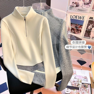 秋冬半拉链长袖卫衣女加厚T恤磨毛时尚新款设计短款上衣打底上衣