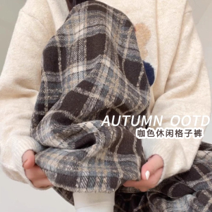 加绒格子裤 加厚口袋休闲裤 子女秋冬新款 阔腿裤 高腰垂坠感大码 时尚