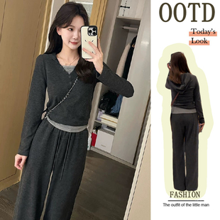 春秋卫衣女2025清冷感森系新款糯米裤子时尚套装深灰色显瘦两件套