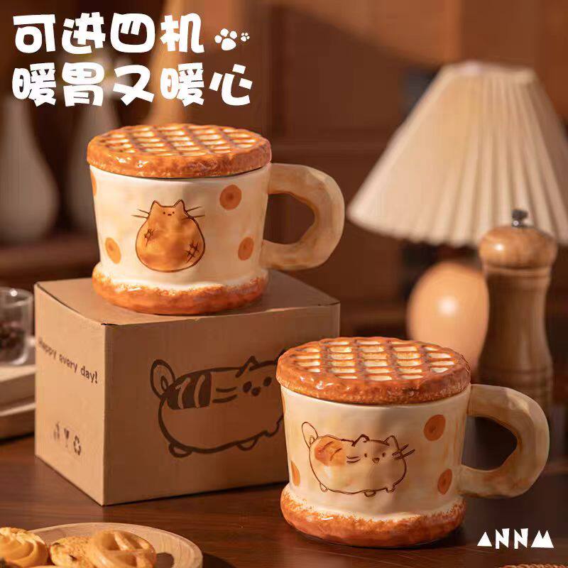 可爱卡通猫咪陶瓷马克杯带盖手工咖啡杯休闲家用景德镇杯子喝水杯