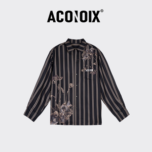 ACONOIX檀健次同款重磅真丝斜纹绸植物印花真丝黑色衬衫新款男女