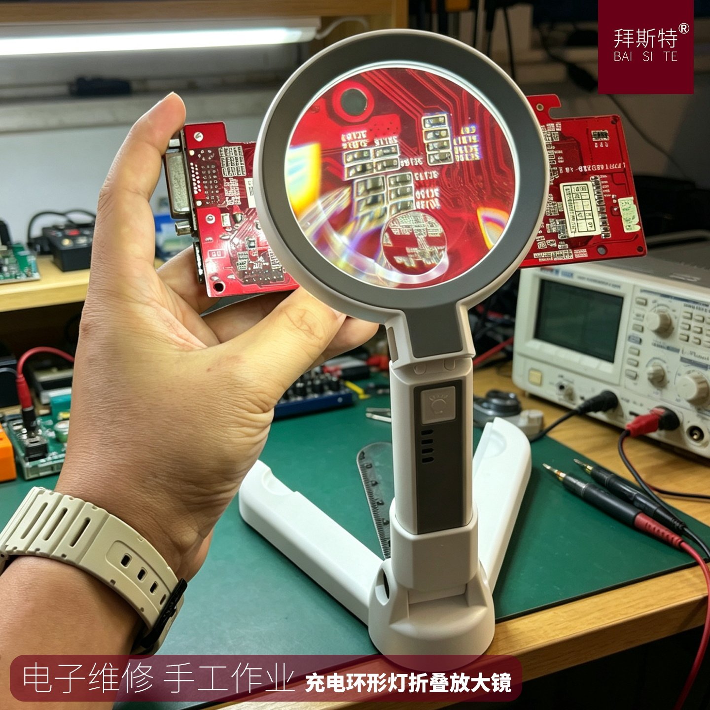 手持放大镜带led灯手机维修20倍带灯台式充电老人看书读报工业用