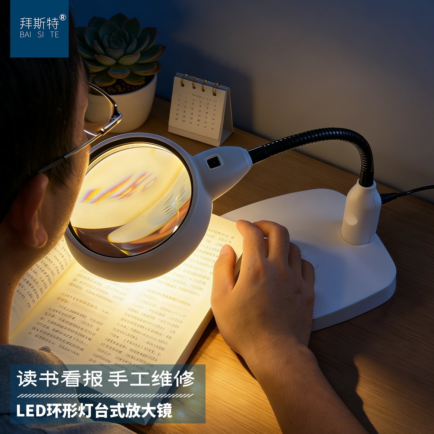 拜斯特台式放大镜带led灯老人阅读核雕电子电路维修用带支架高清