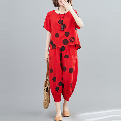 大码夏季棉麻休闲套装胖mm两件套