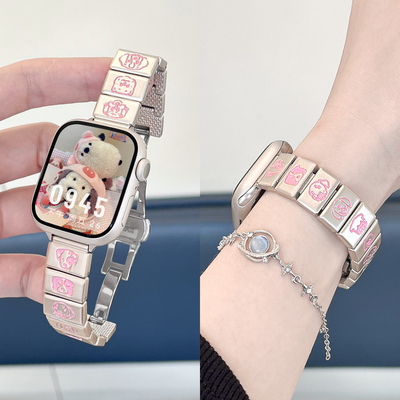 适用iWatch猫狗印花方块金属表带