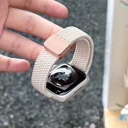 适用applewatch S10/S9尼龙磁吸扣表带iwatch s8/7/6/5小蛮腰弹力编织金属回环表带苹果手表运动表带夏女小众