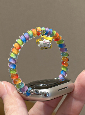 适用applewatch10弹力电话线发圈表带iwatch9/876单圈彩色KT猫吊坠小蛮腰苹果手表S11创意皮筋多巴胺手链女夏