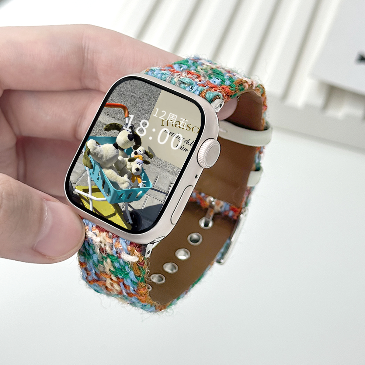 适用iWatch粗针毛呢格纹皮表带