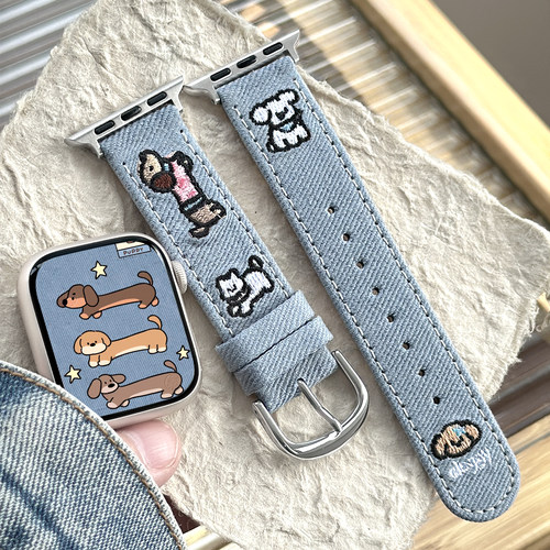适用iWatch刺绣小狗牛仔皮表带