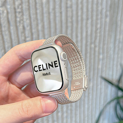 适用AppleWatch麦穗表带卡扣不锈钢苹果手表S10表带iwatch新金属S9/8高级感米兰尼斯小蛮腰细款SE女款456腕带