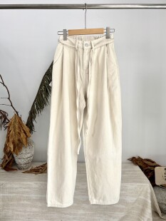 米白色牛仔长裤收腰绑绳高腰休闲裤宽松萝卜裤白色百搭长裤