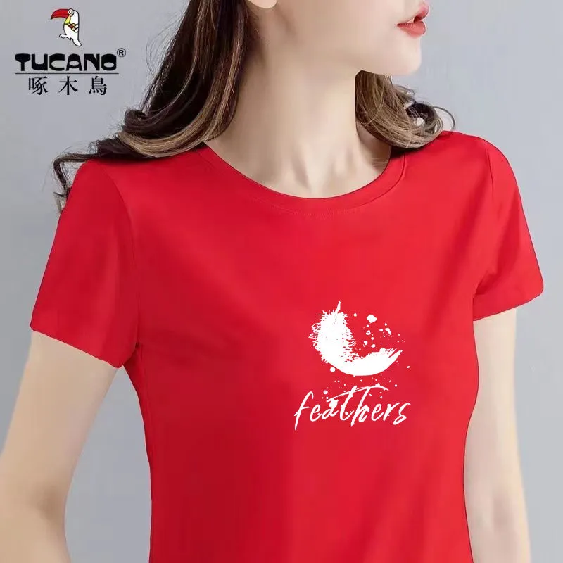 啄木鸟圆领印花短袖t恤女