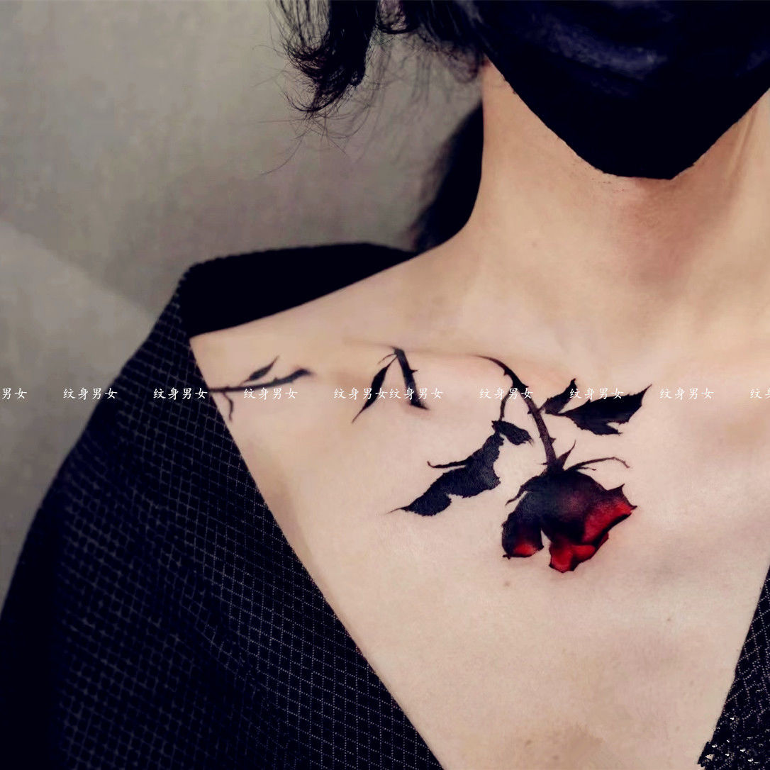 新款手绘华晨宇同款锁骨玫瑰花 大图防水持久性感纹身贴