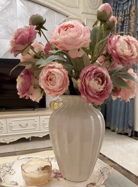 新仿真油画牡丹3头欧式复古牡丹家居装饰仿真花假花花艺摆件