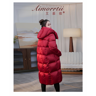 26新款塔夫绸珠光缎面95新国标白鹅绒服【帽子可拆卸】长款羽绒服