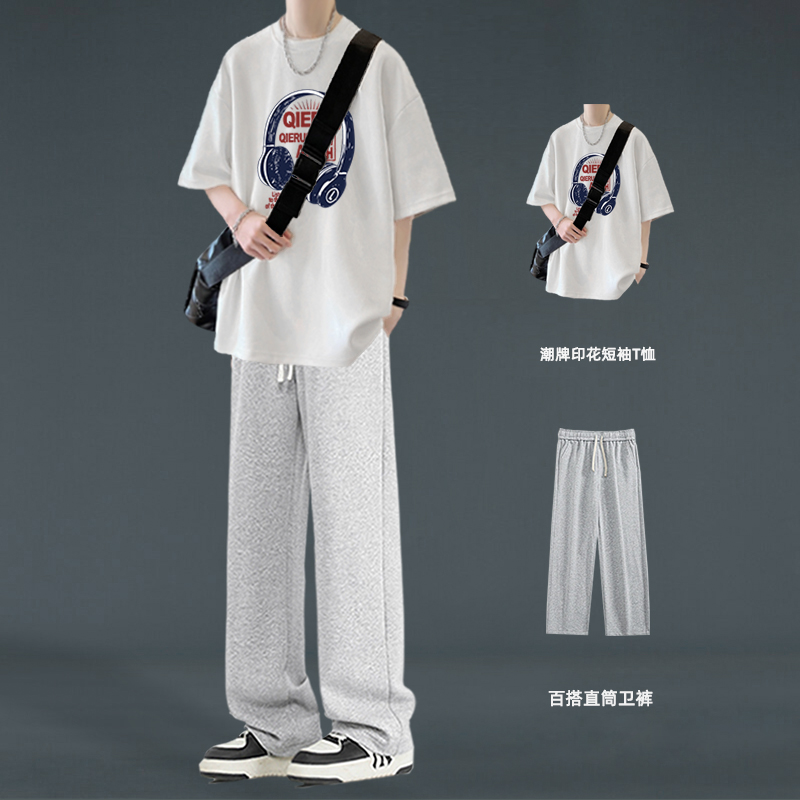 青少年纯棉短袖T恤男夏季初高中生男装一套搭配帅气学生潮流套装