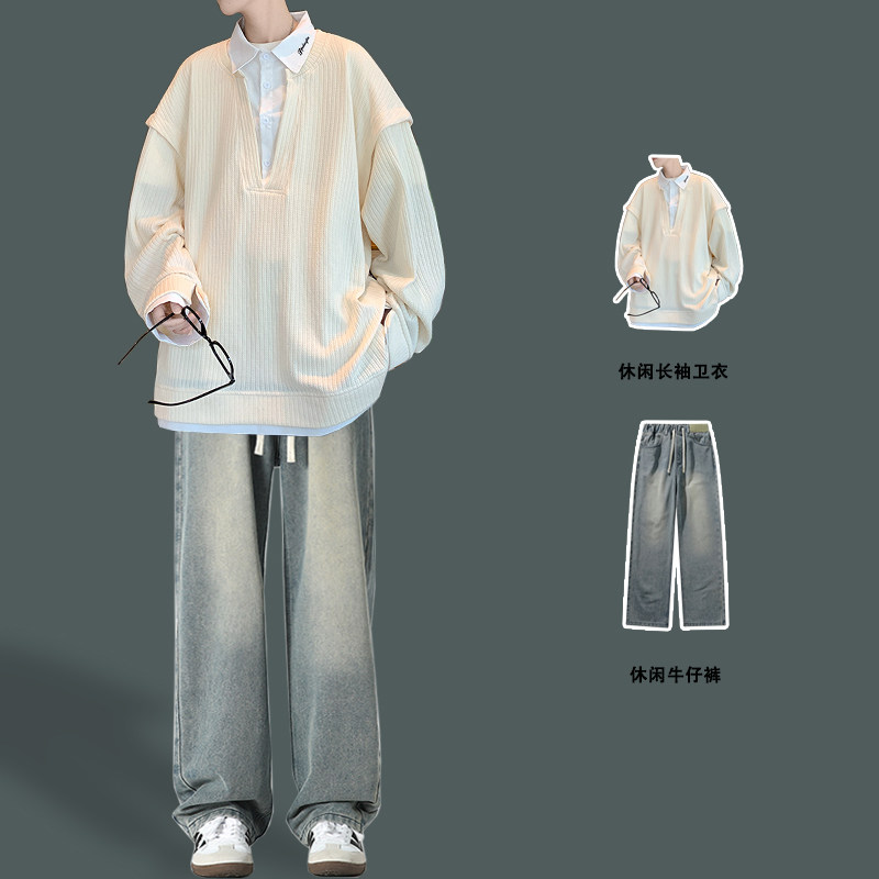 假两件宽松衬衫领男士卫衣大码胖子青少年男装帅气学生春秋季套装