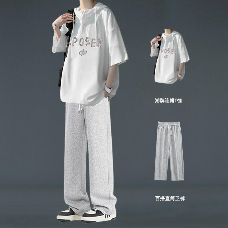 男生连帽五分袖t恤夏季青少年男装一套搭配帅气学生潮流短袖套装