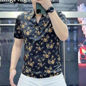 欧版短袖polo衫男2024夏季商务休闲冰丝凉感衬衣高端碎花翻领T恤