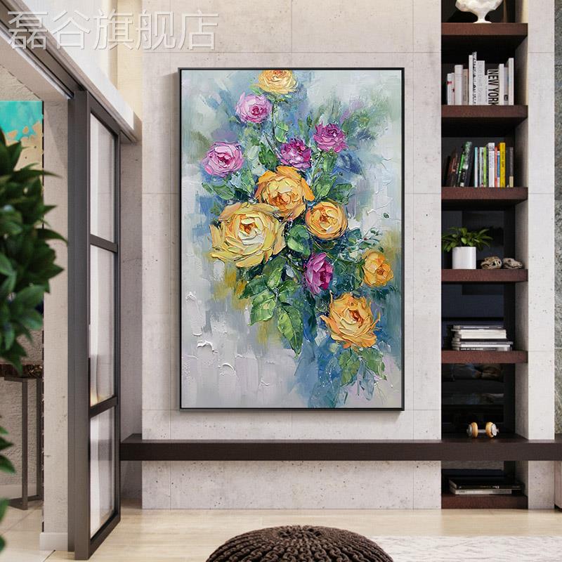 网红手绘油画壁入富户玄关花卉装饰画新中式花开手贵挂画工牡丹画图片