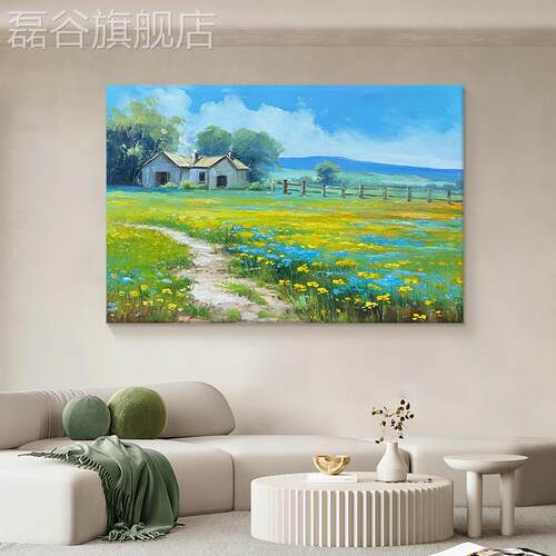 网红客沙背景墙村田乡园间装饰发画大芬村花海厅风景手玄绘油画关