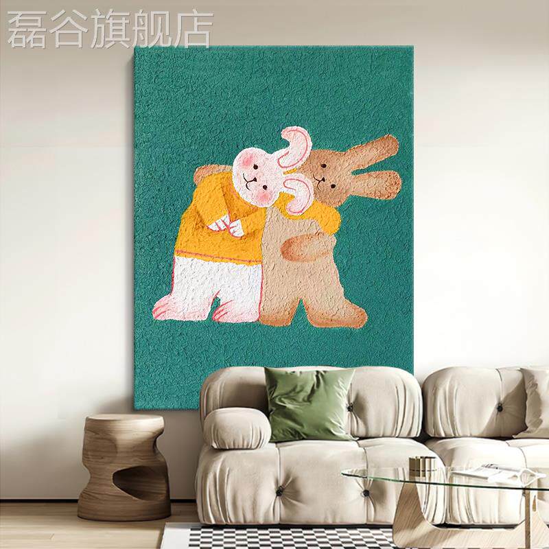 网红网红爱歪画脖子画兔子客厅玄关装英饰画石可砂肌理手绘油画画