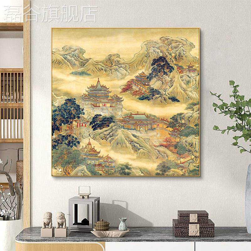 网红蓬莱仙境图画仙堂堂口背景山水挂画佛道装饰画神龛墙壁面装画