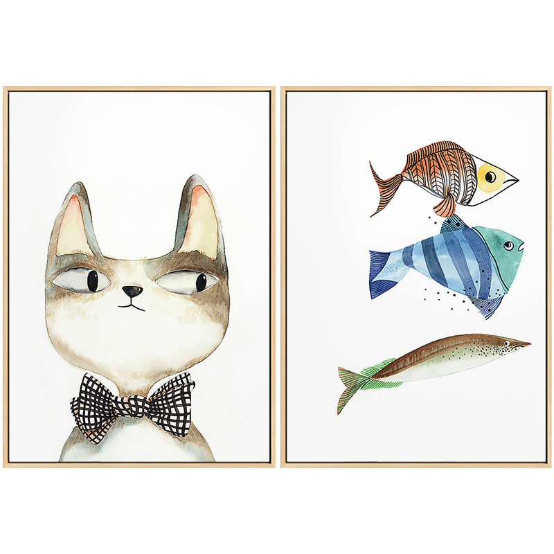 猫和鱼 简约餐厅装饰画北欧猫咪小清新饭厅餐桌挂画现代墙面网红图片