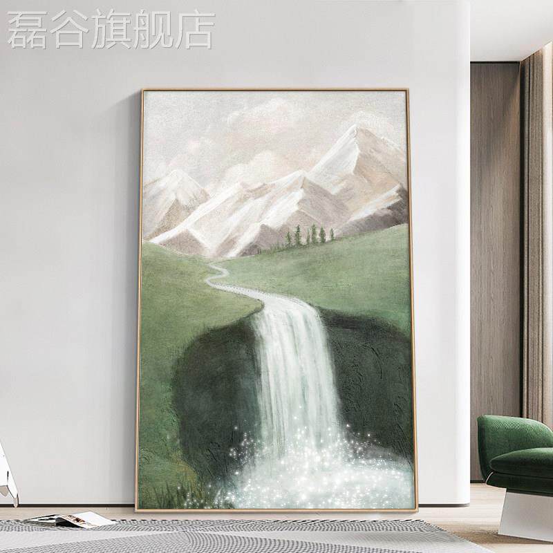 网红玄装有财饰画关客厅手绘油画背靠山水绿色瀑挂布高山流水生风