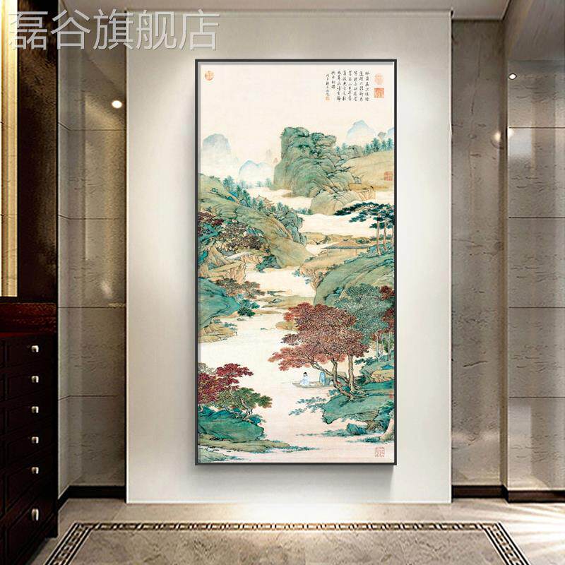网红新中式客厅玄关竖版山水国画枫挂溪垂钓画图古韵国画中国风装