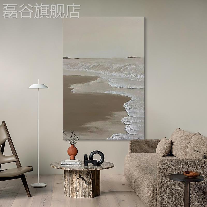 网红侘极寂手绘油画抽风象肌理装竖版玄关过道挂画海浪沙滩客厅简