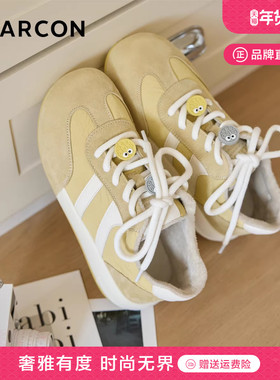 意尔康黄色德训鞋女2025冬季新款加绒百搭厚底运动休闲鞋平底板鞋