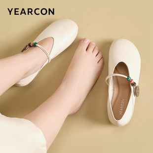 加宽版~意尔康羊皮玛丽珍鞋女2026春季新款平底单鞋串珠大码女鞋