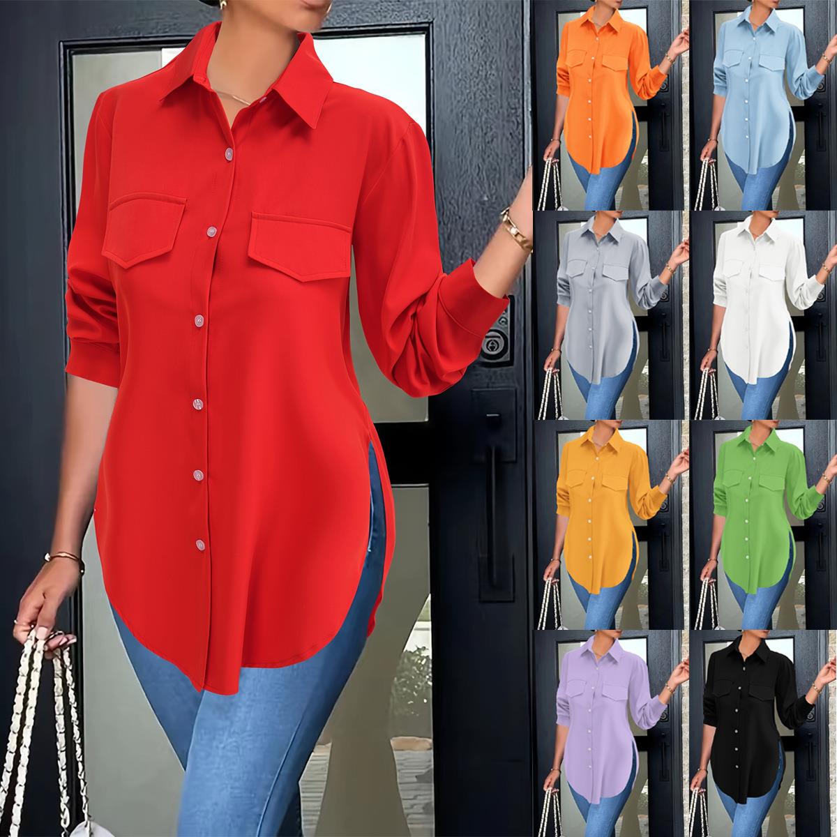 Slim Polyester POLO Shirt Long Shirt Collar Womens Fit