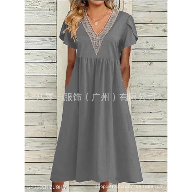 Womens Fashionable Short V-neck Linen Elegant Lace and