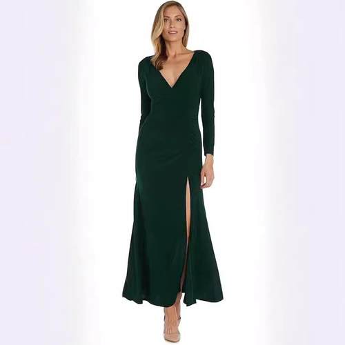 Evening Gown Bodycon V Neck Side Ruches and Side Slits Long