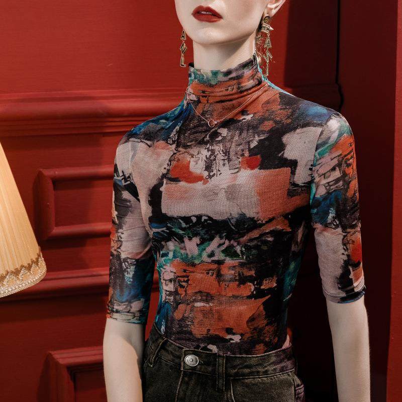 sleeves slim with Womens all-match mesh fit sleeves top