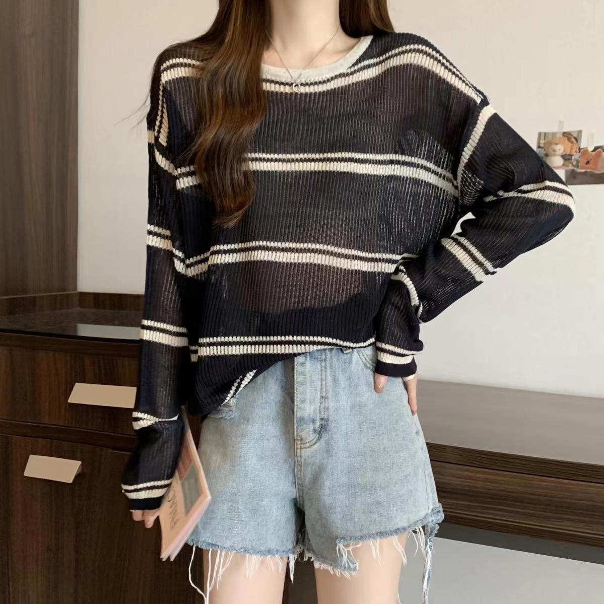 Thin striped hollow knit sweater for women sun protection