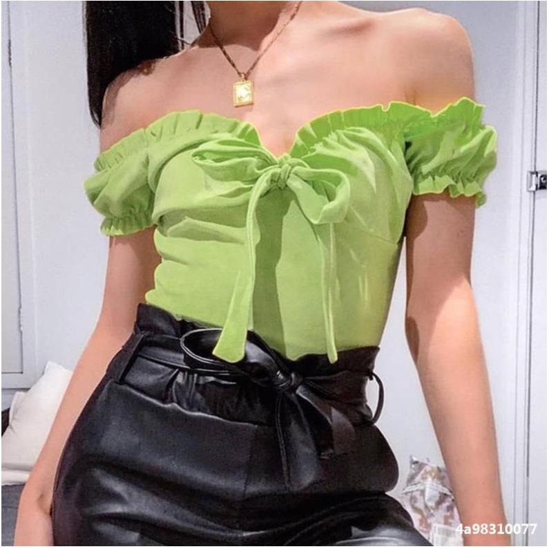 womens fashion sexy crop tops puff front lace-up drawstring