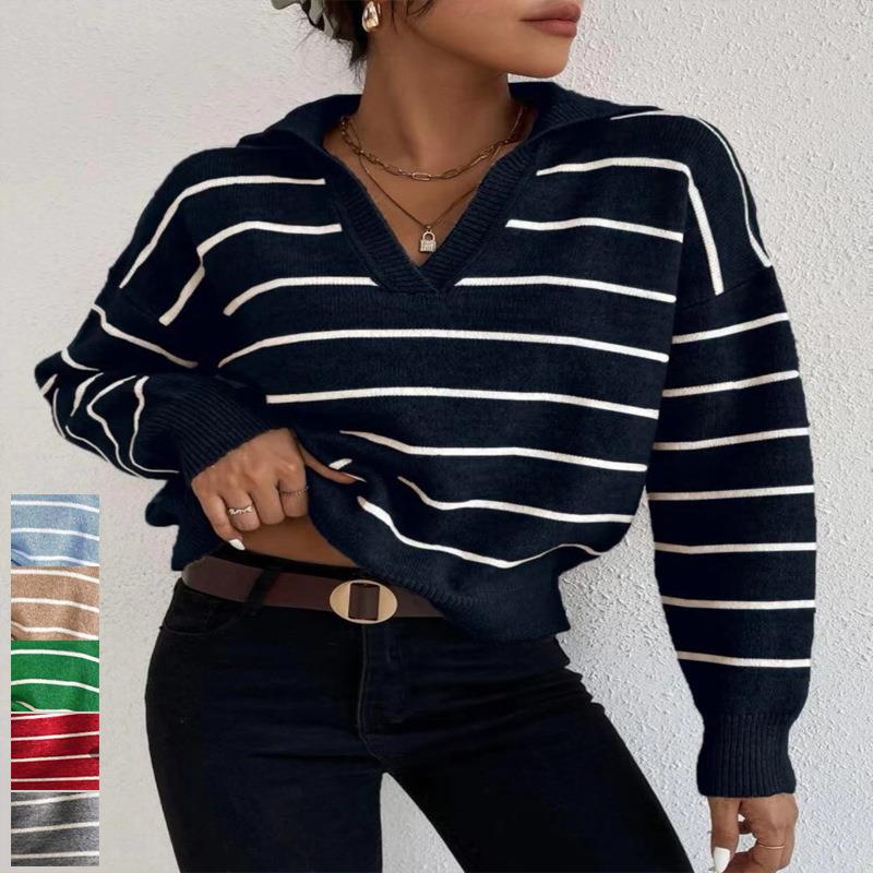 shirt long-sleeved knitted versatile collar striped Fashion