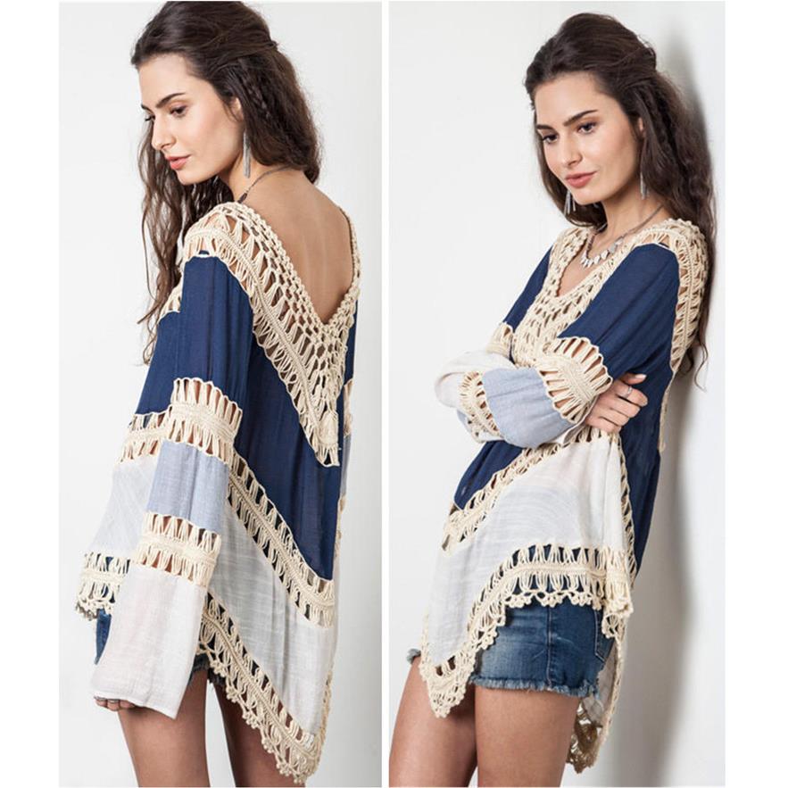 Bohemian color loose beach cover-up long sleeve hollow