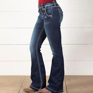 Thickened buttoned high waist elastic womens jeans flared