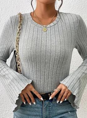 -shirt long ribbed elastic neck round color plain shirt