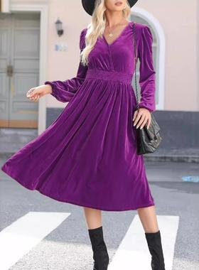 women for dress long waist high pleated V-neck commuting